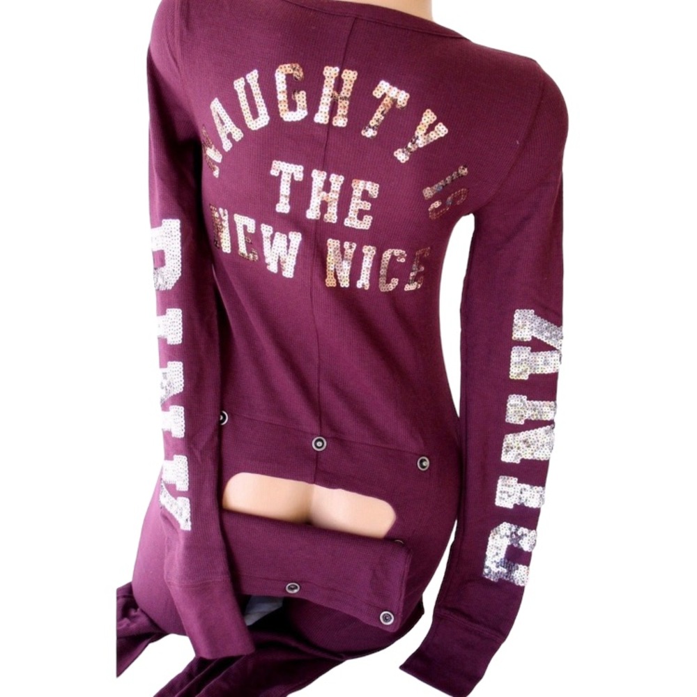 Victoria’s Secret PINK Naughty New Nice Burgundy Sequin Thermal Onesie L - Picture 9 of 13